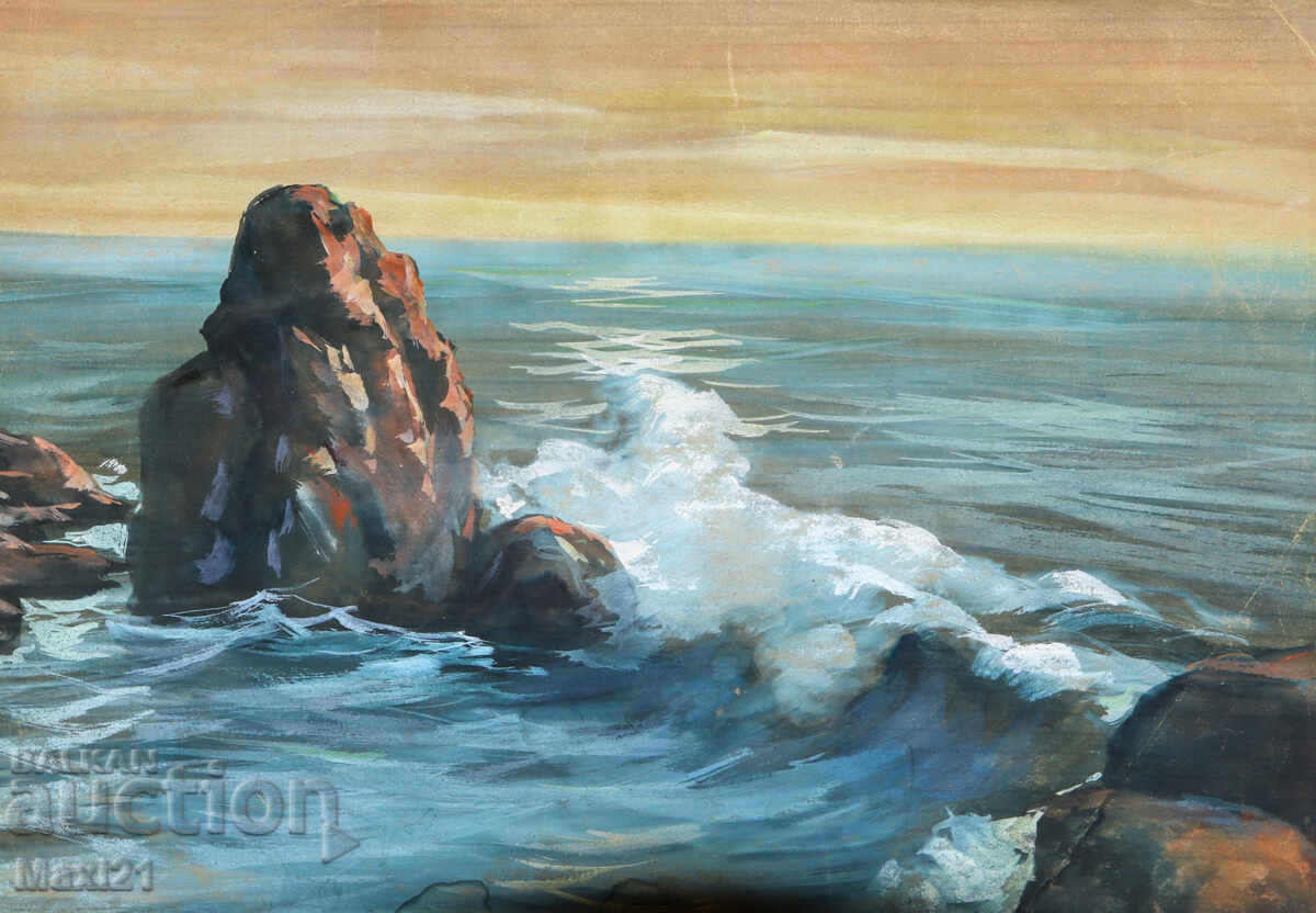 Παλιός πίνακας γκουάς βραχώδους θαλάσσιου τοπίου