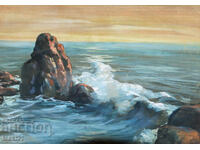 Παλιός πίνακας γκουάς βραχώδους θαλάσσιου τοπίου