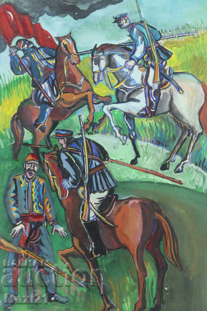 Δημοπρασία Εικονογράφηση γκουάς σε χαρτί, πολεμική σκηνή