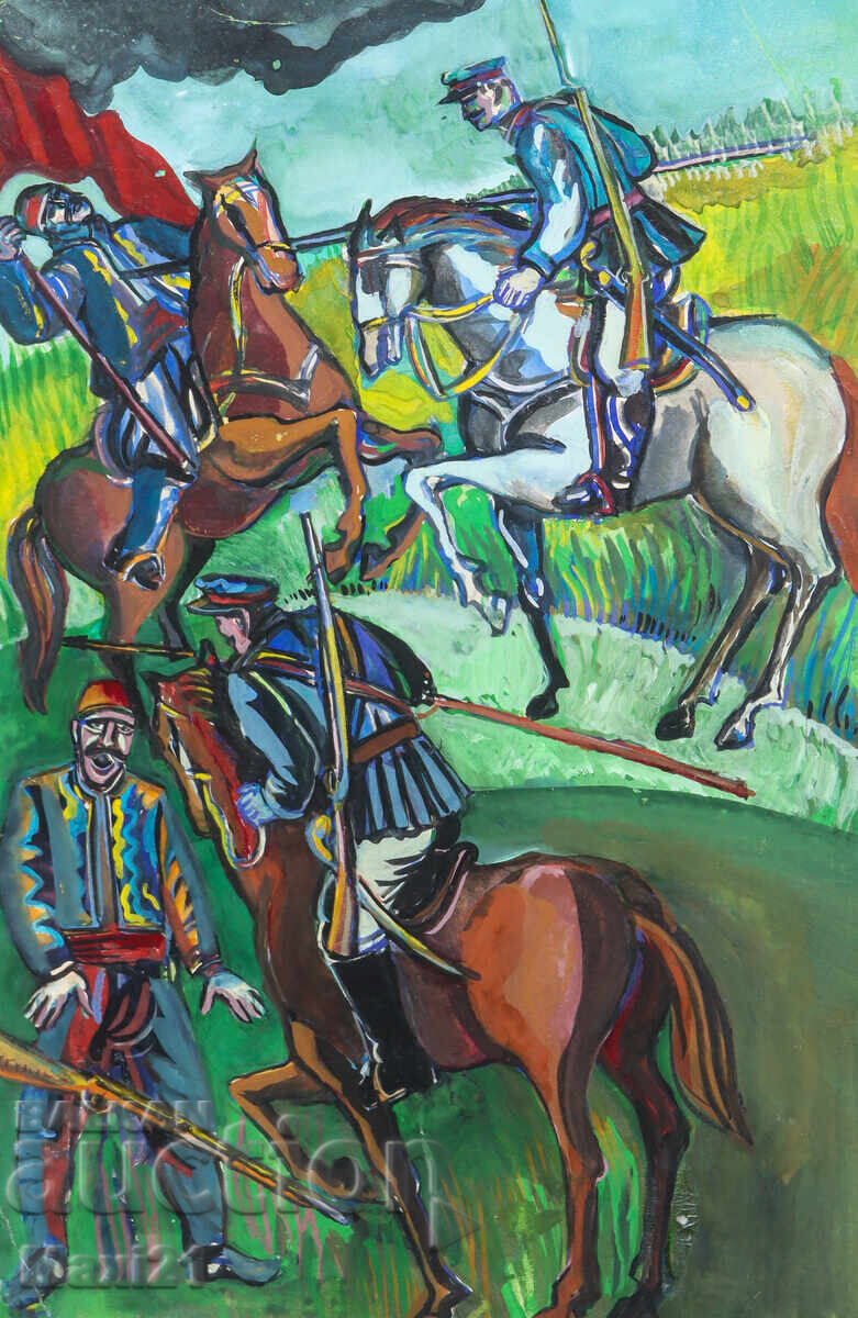 Εικονογράφηση γκουάς σε χαρτί, πολεμική σκηνή