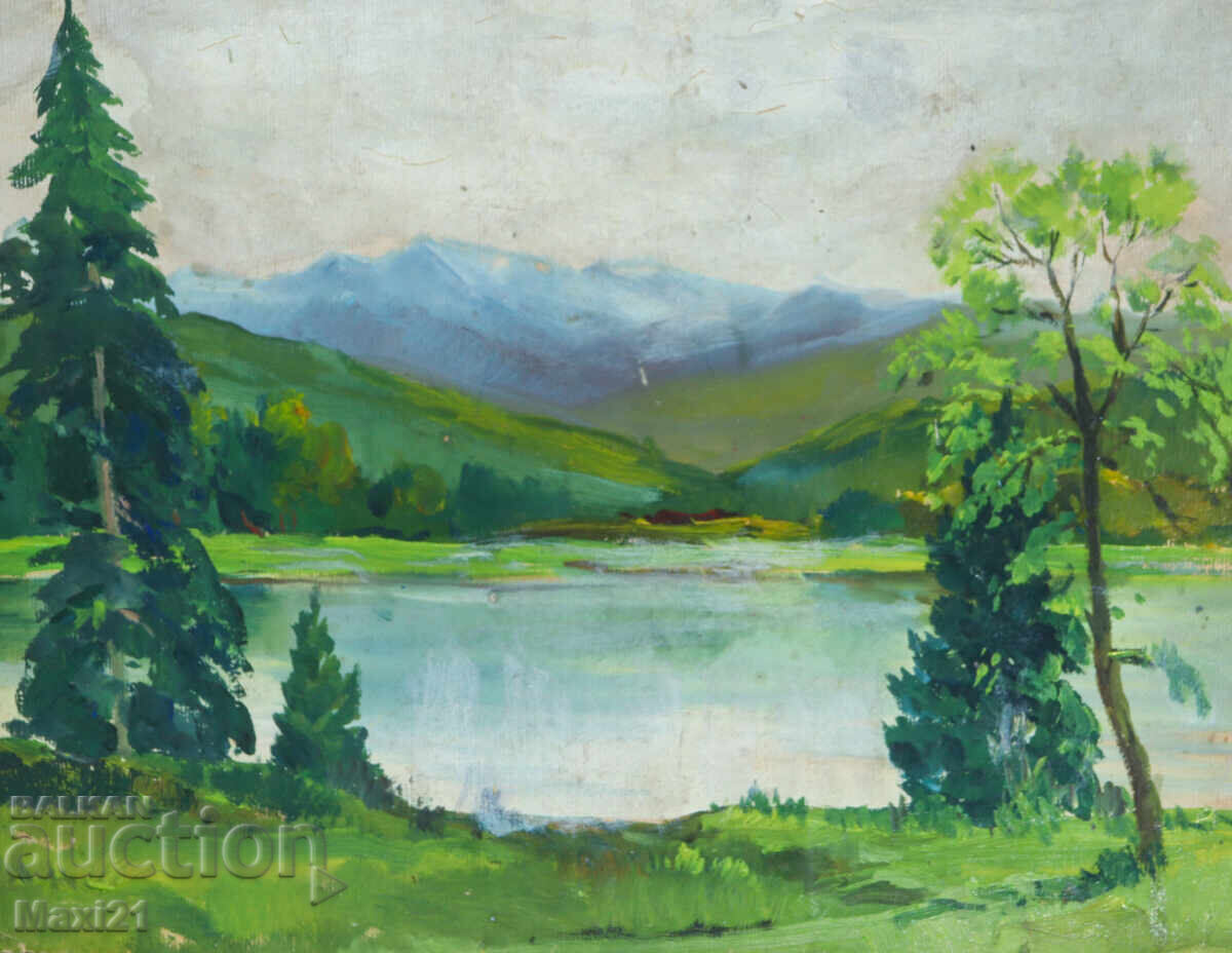 Auction  Old gouache painting, river landscape