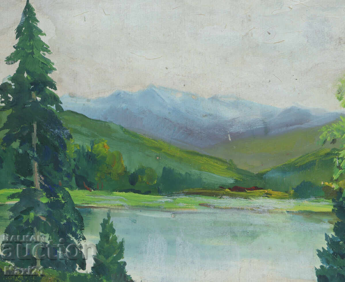 Delivery of Old gouache painting, river landscape