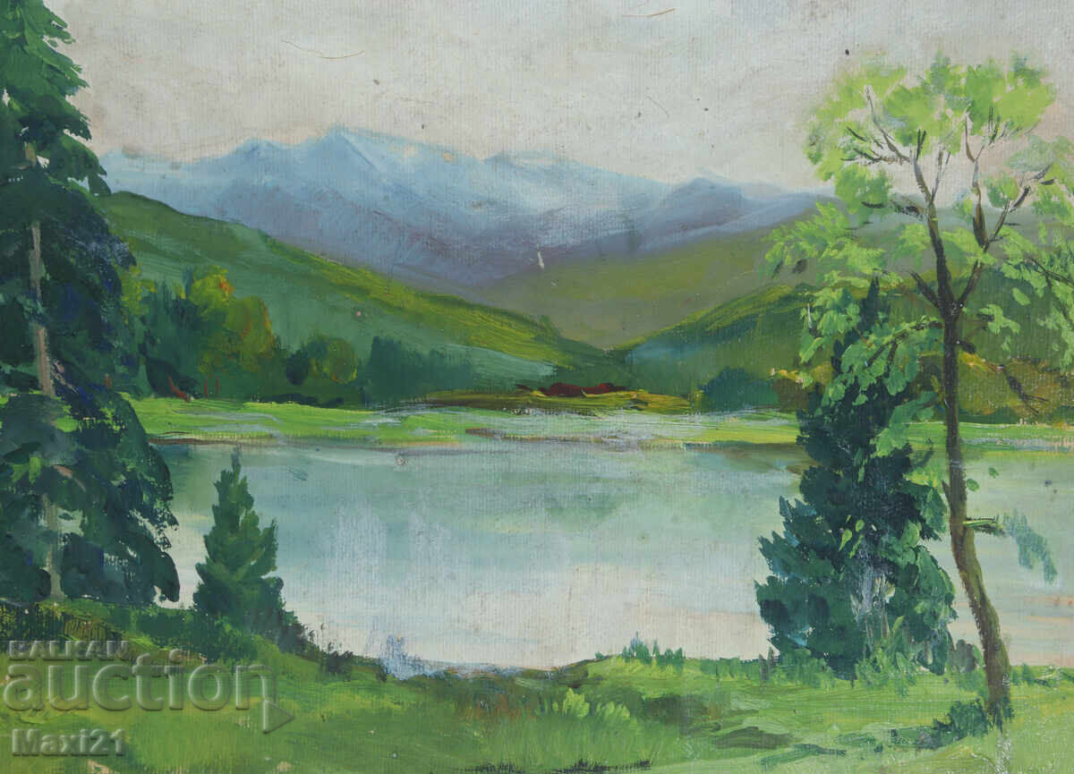 Old gouache painting, river landscape - 5