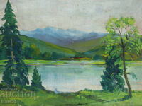 Old gouache painting, river landscape