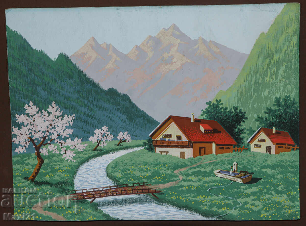 Old gouache painting, mountain landscape, traditional houses and stream with price 200.00 BGN | € 102.26