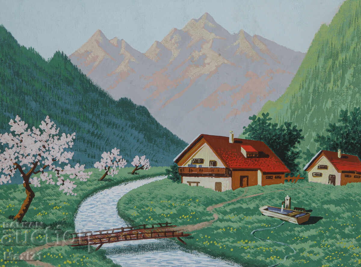 Auction  Old gouache painting, mountain landscape, traditional houses and stream