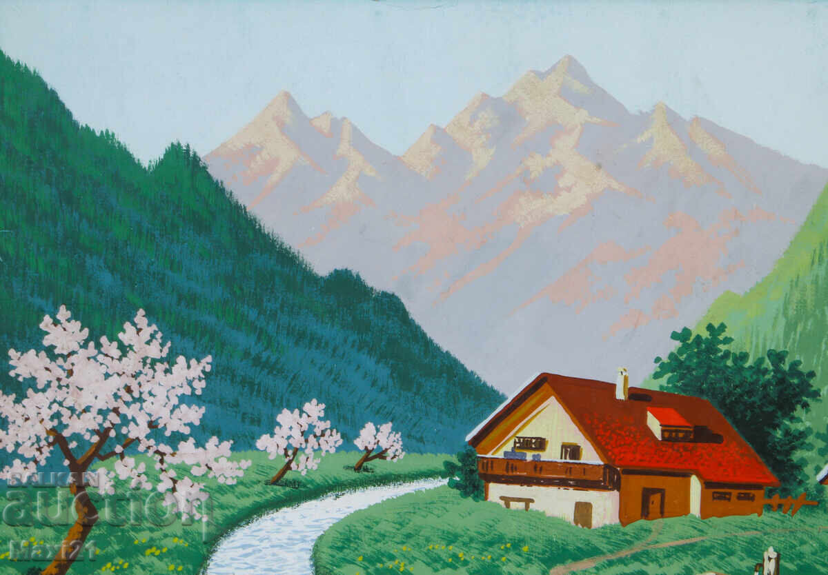 Delivery of Old gouache painting, mountain landscape, traditional houses and stream
