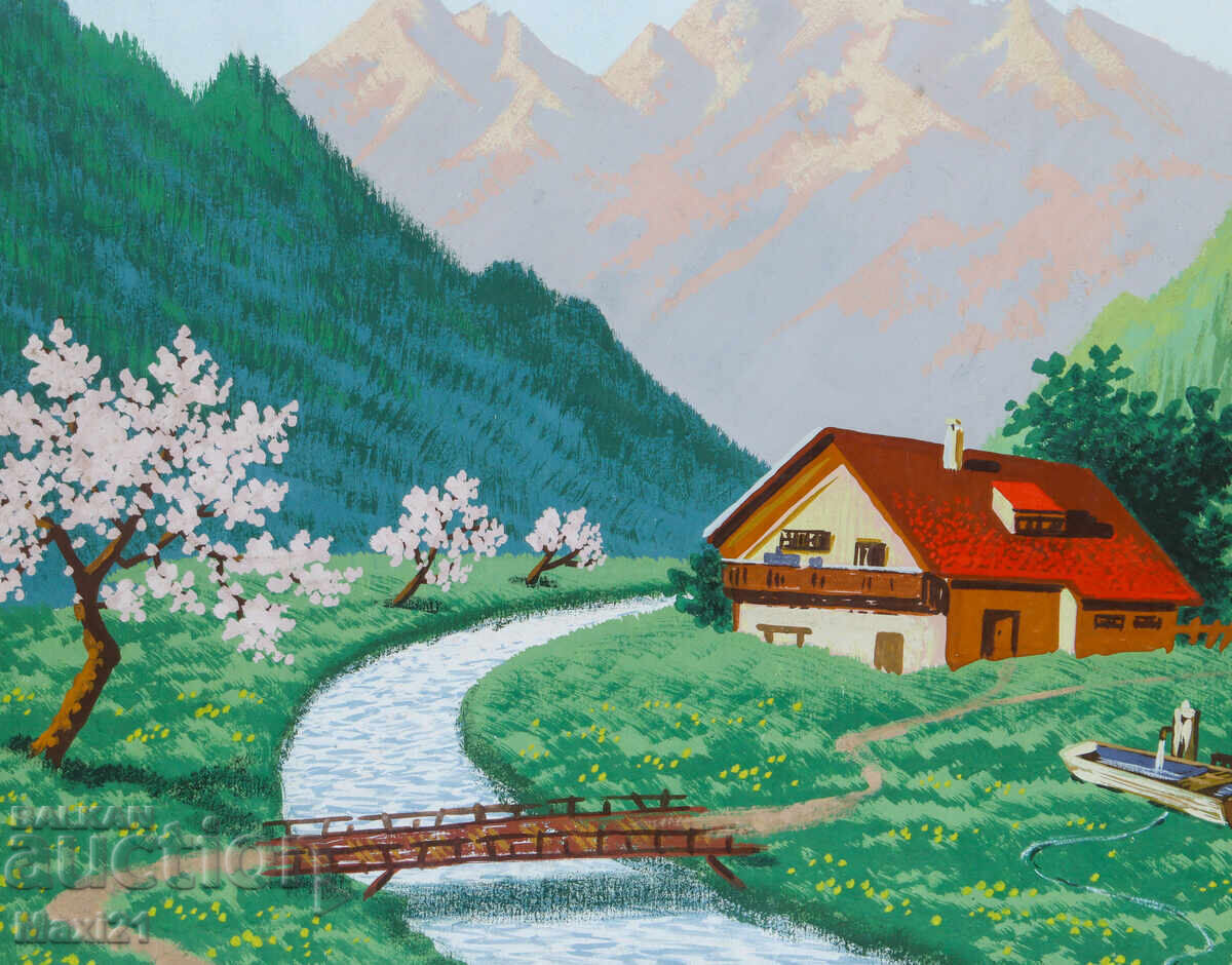 Old gouache painting, mountain landscape, traditional houses and stream - 5
