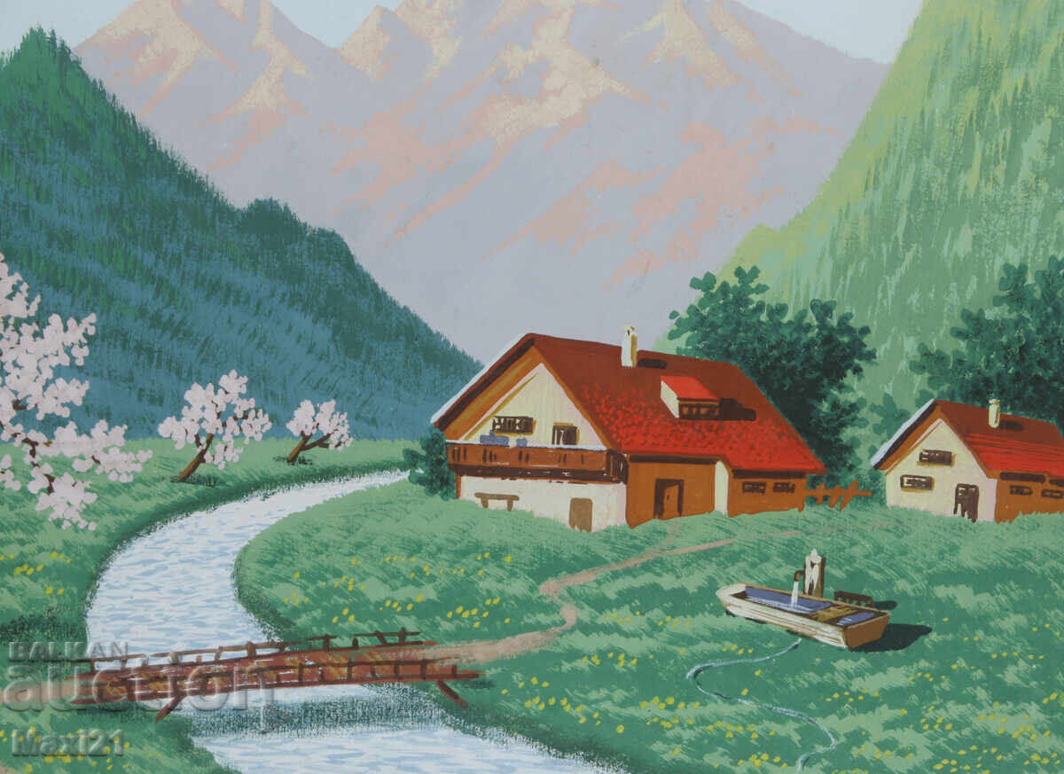 Old gouache painting, mountain landscape, traditional houses and stream - 6