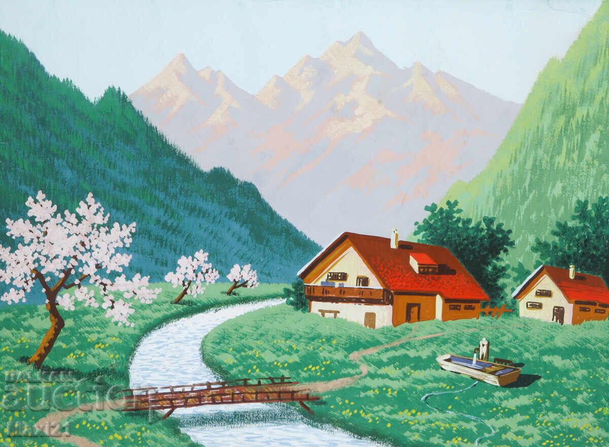 Old gouache painting, mountain landscape, traditional houses and stream