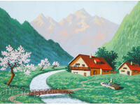 Old gouache painting, mountain landscape, traditional houses and stream
