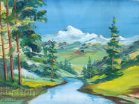 Old gouache painting, beautiful river landscape