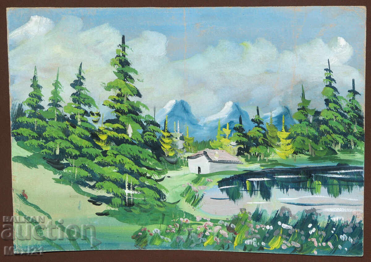 Стара картина гваш горски пейзаж езеро с цена 200.00 лв. | € 102.26