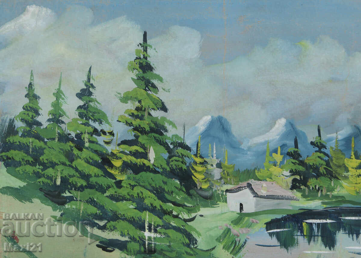 Стара картина гваш горски пейзаж езеро - 5