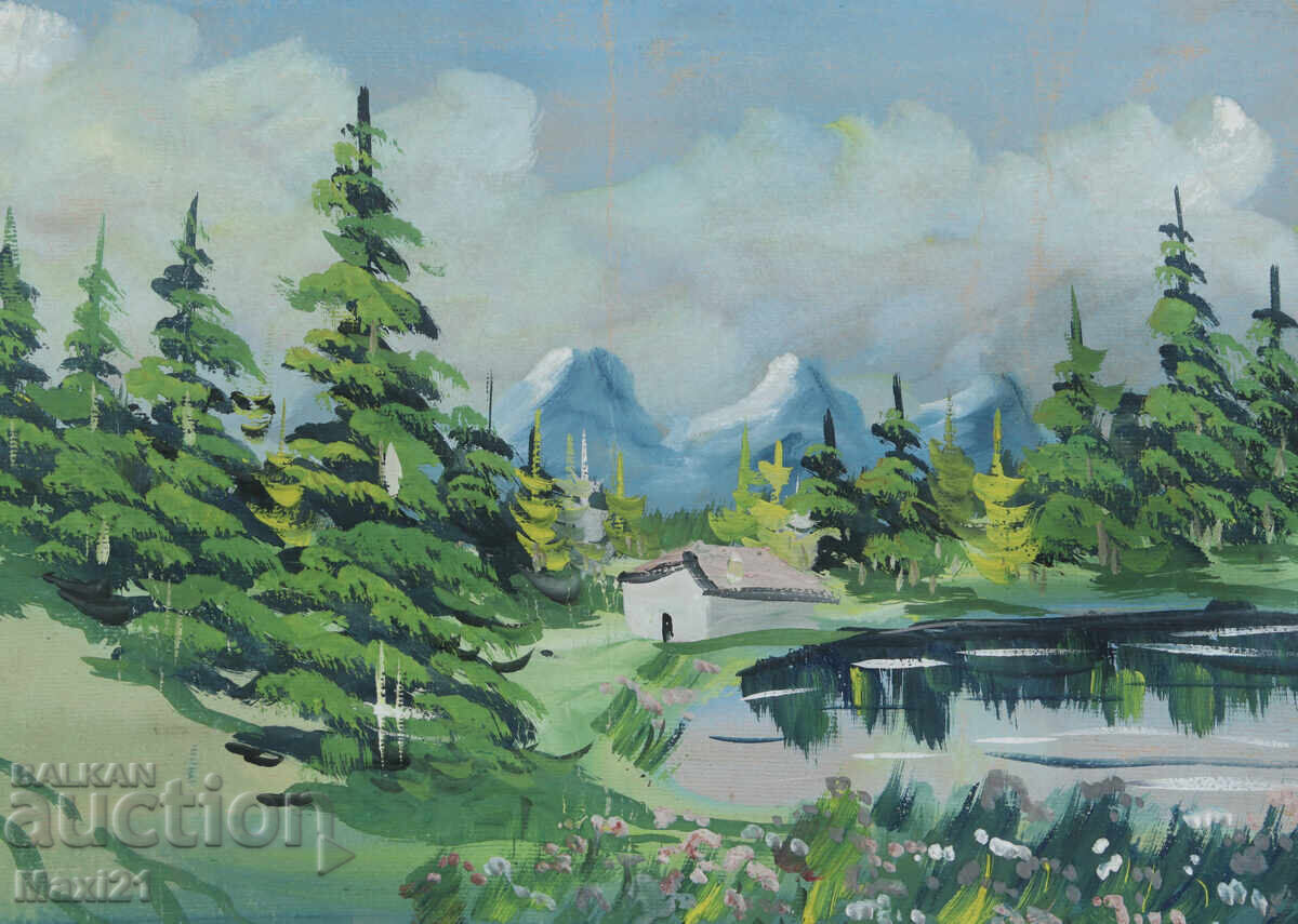 Стара картина гваш горски пейзаж езеро - 6