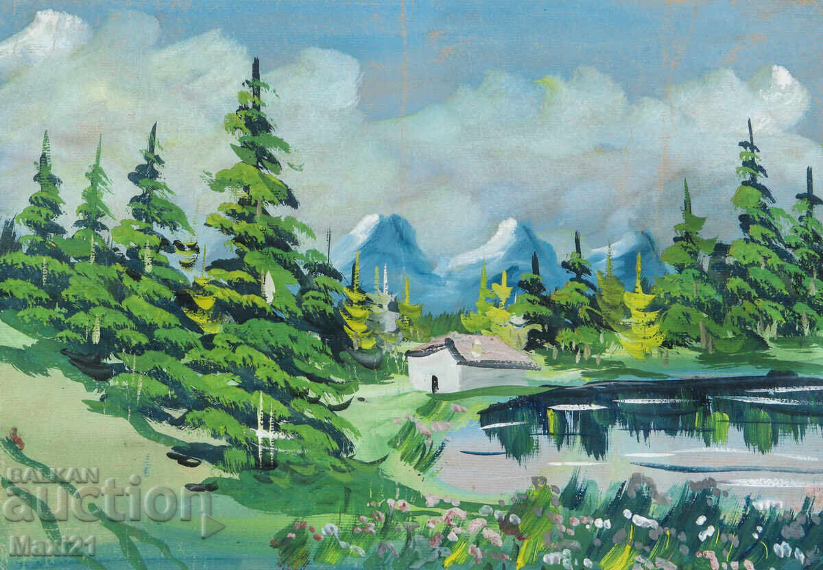 Стара картина гваш горски пейзаж езеро