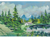 Pictură veche guașă peisaj forestier lac