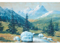 Old gouache painting, mountain landscape