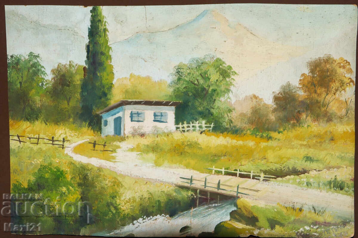 Old landscape painting, gouache, rural scene with price 200.00 BGN | € 102.26