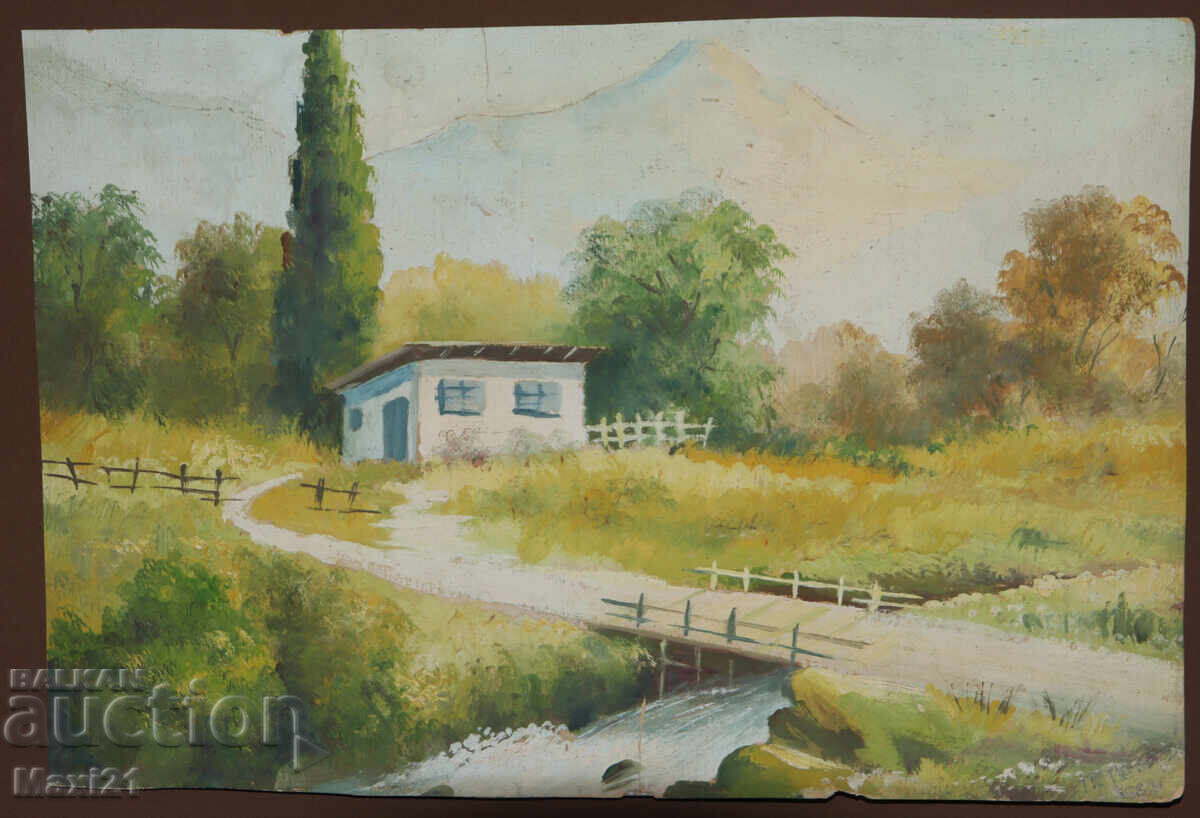 Auction  Old landscape painting, gouache, rural scene