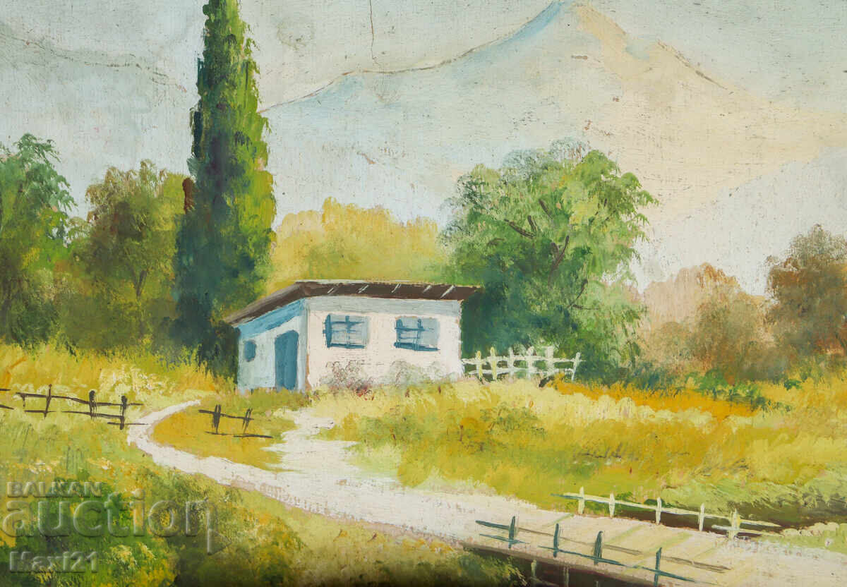 Delivery of Old landscape painting, gouache, rural scene