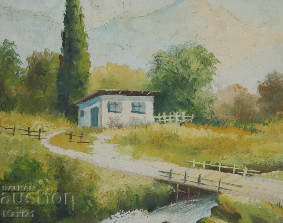 Old landscape painting, gouache, rural scene - 5