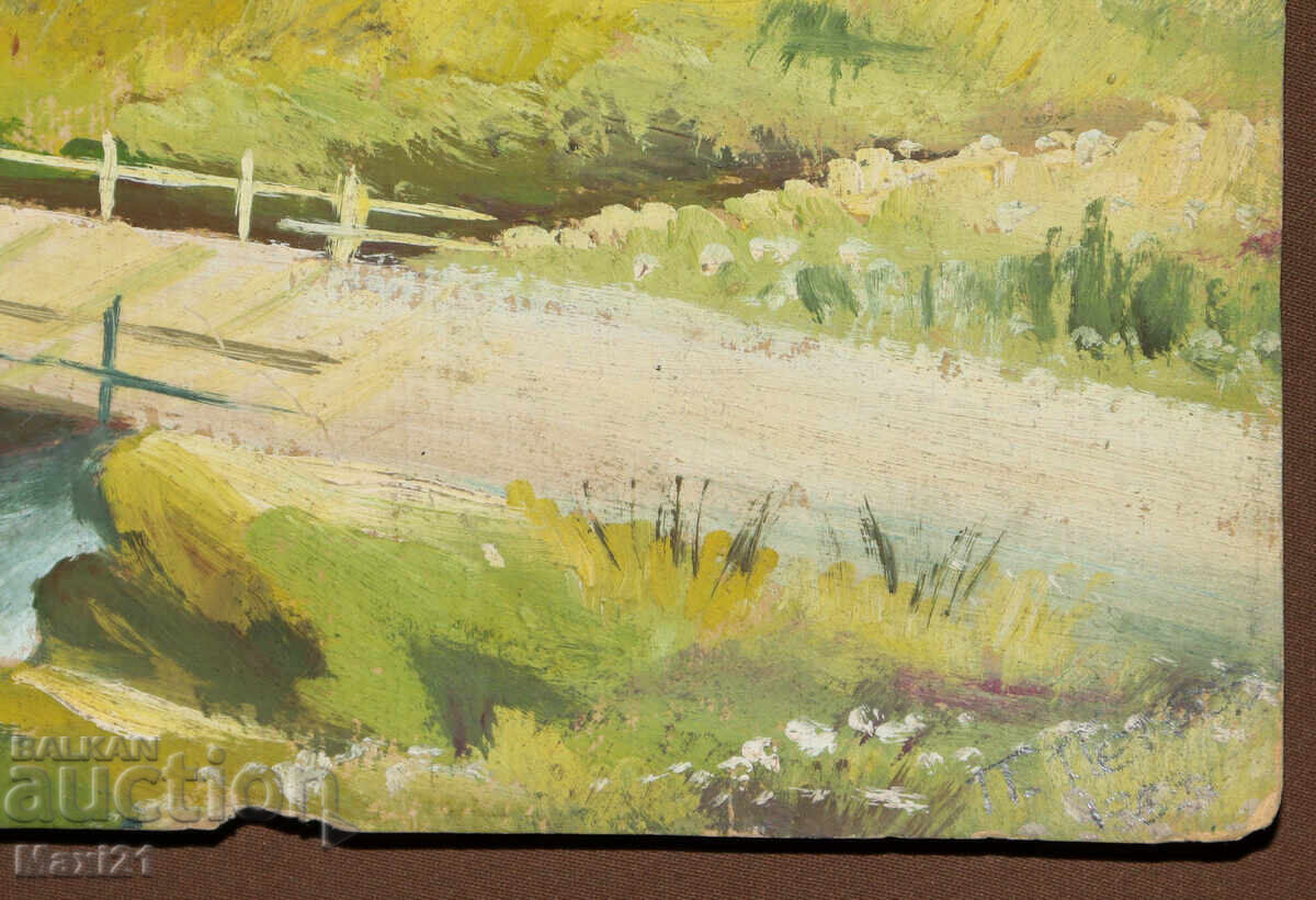 Old landscape painting, gouache, rural scene - 6