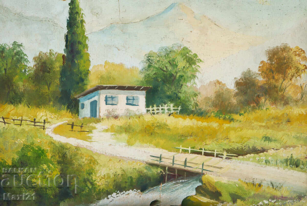 Old landscape painting, gouache, rural scene