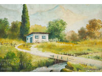 Old landscape painting, gouache, rural scene