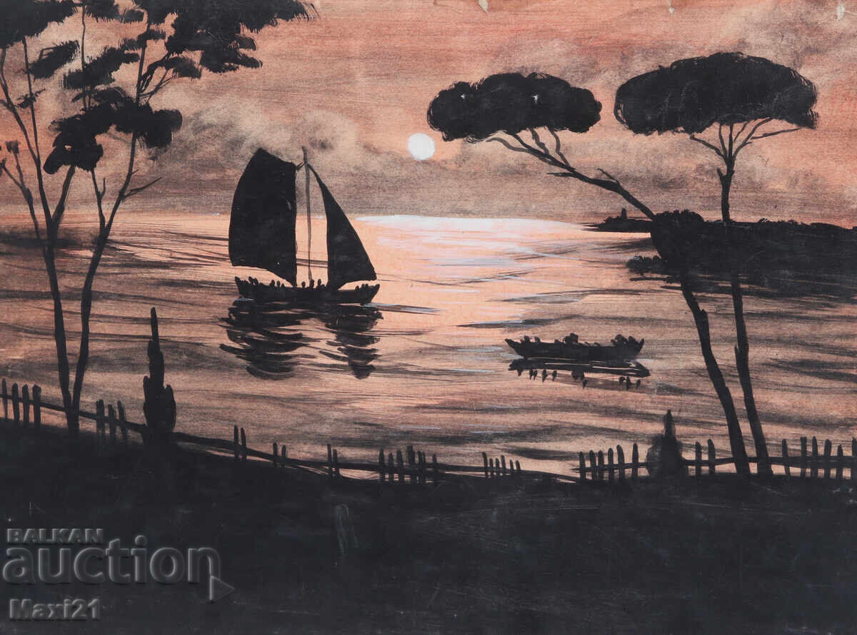 Gouache painting, seascape, beautiful sunset with price 200.00 BGN | € 102.26