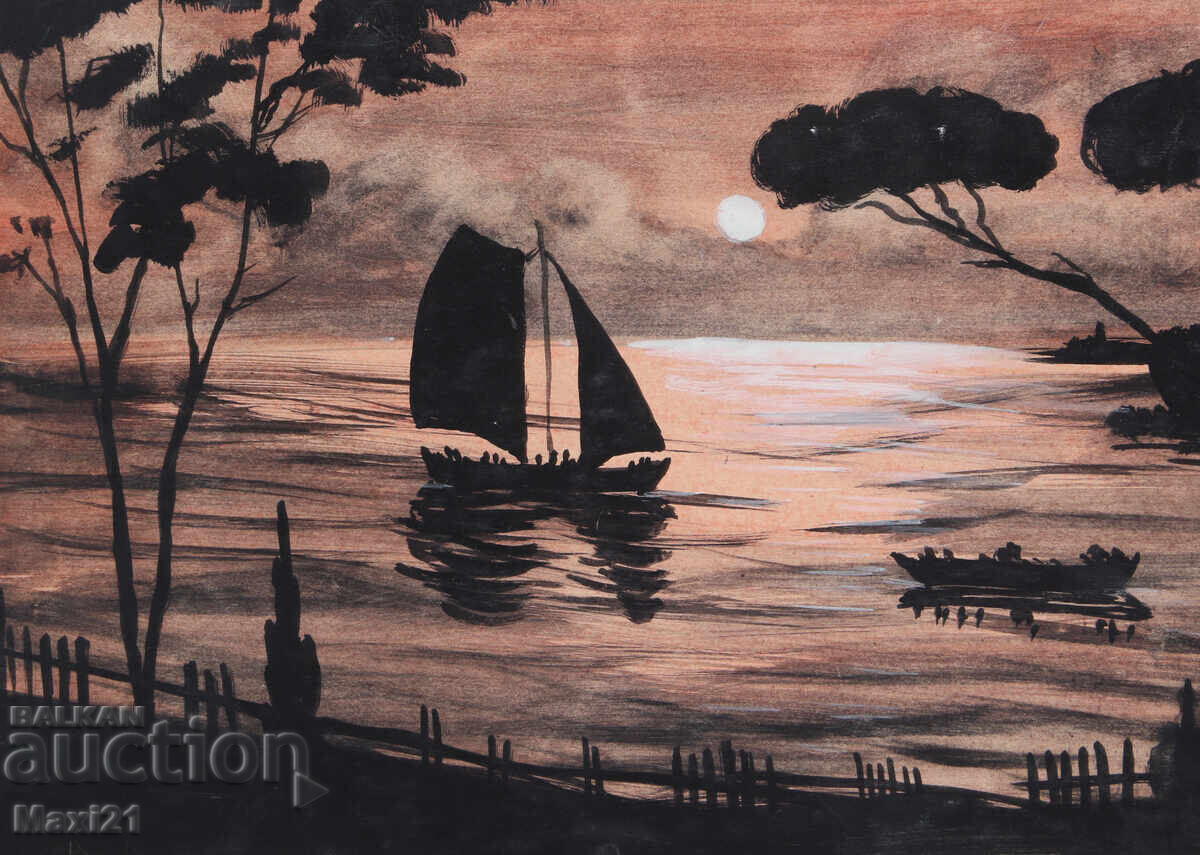 Auction  Gouache painting, seascape, beautiful sunset