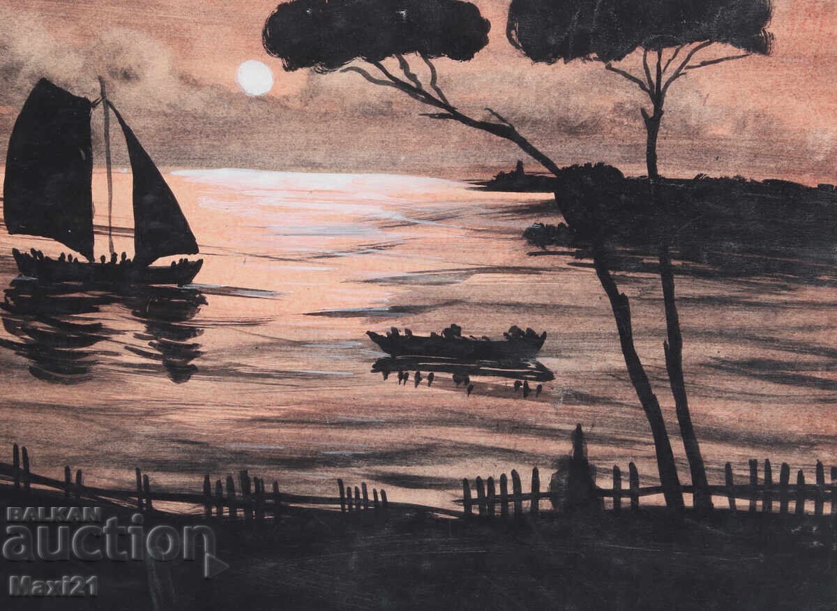 Delivery of Gouache painting, seascape, beautiful sunset