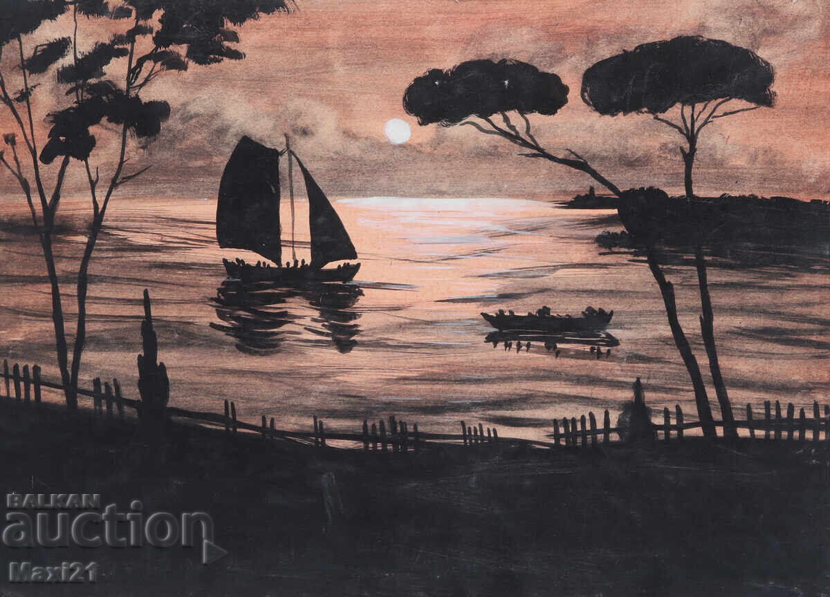 Gouache painting, seascape, beautiful sunset