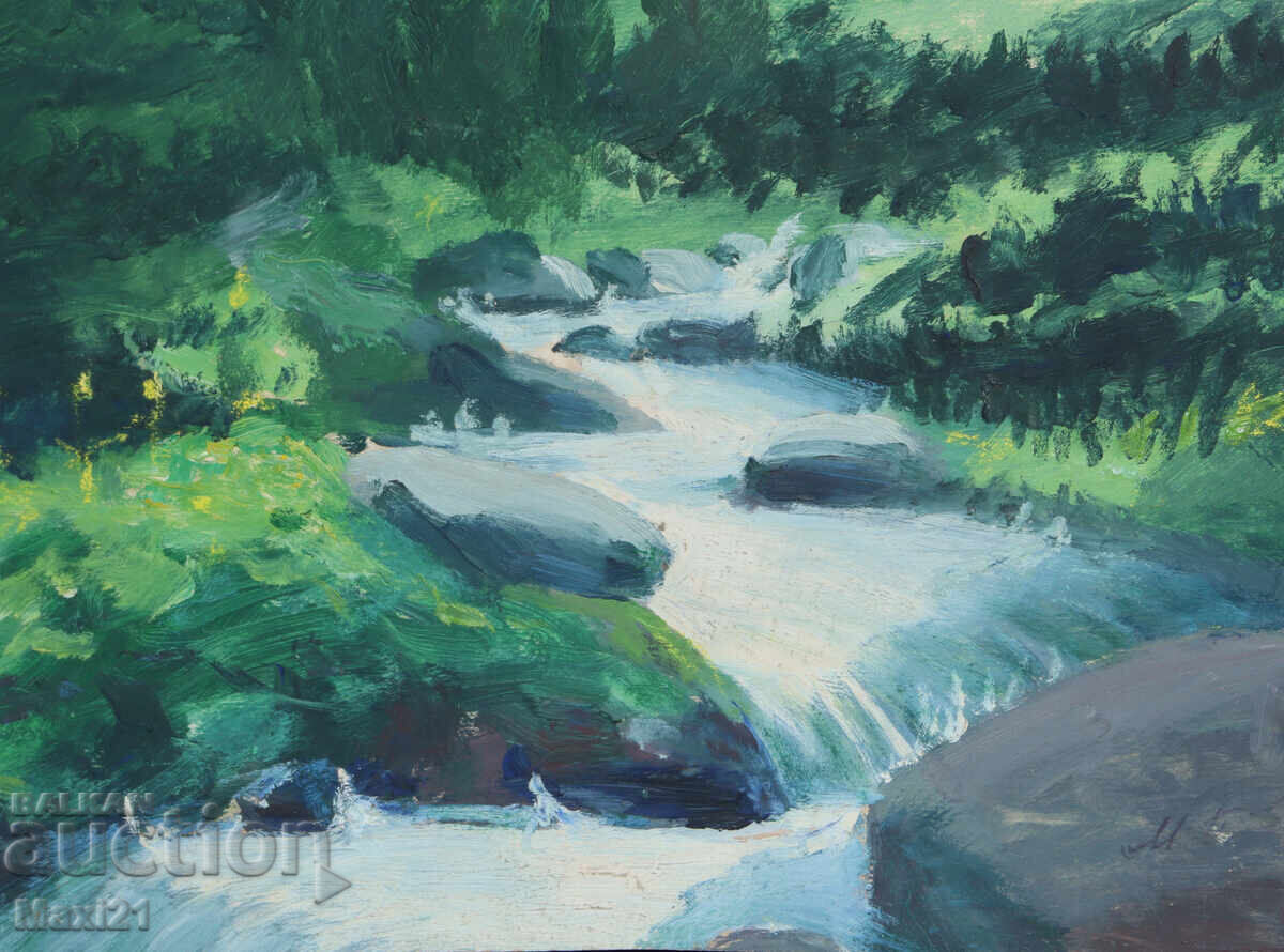 Old landscape painting oil on canvas mountain stream - 5