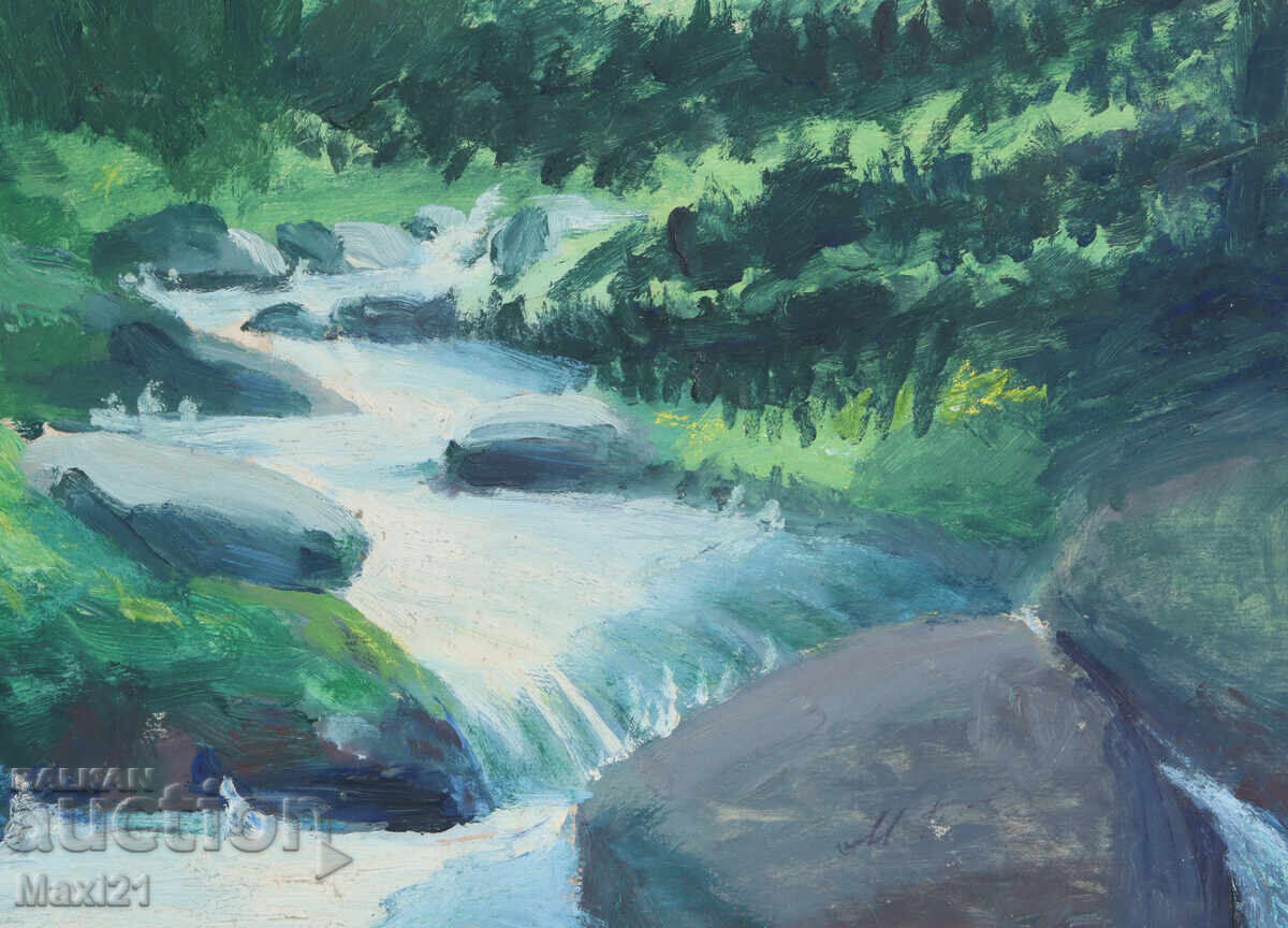 Old landscape painting oil on canvas mountain stream - 6