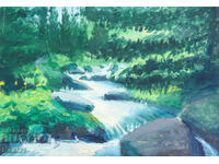 Veche pictură peisaj ulei pârâu montan