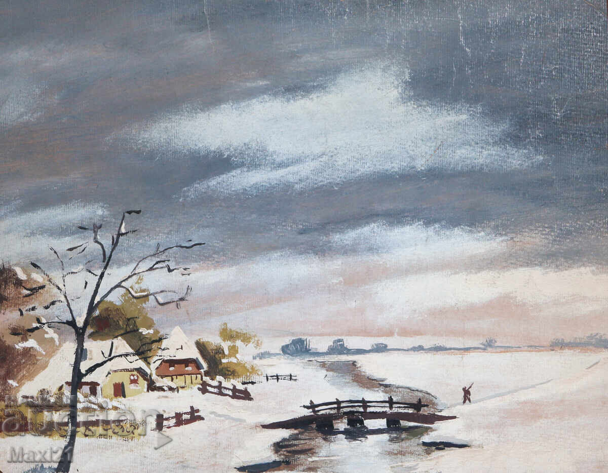 Auction  Old landscape painting gouache winter
