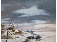 Old landscape painting gouache winter