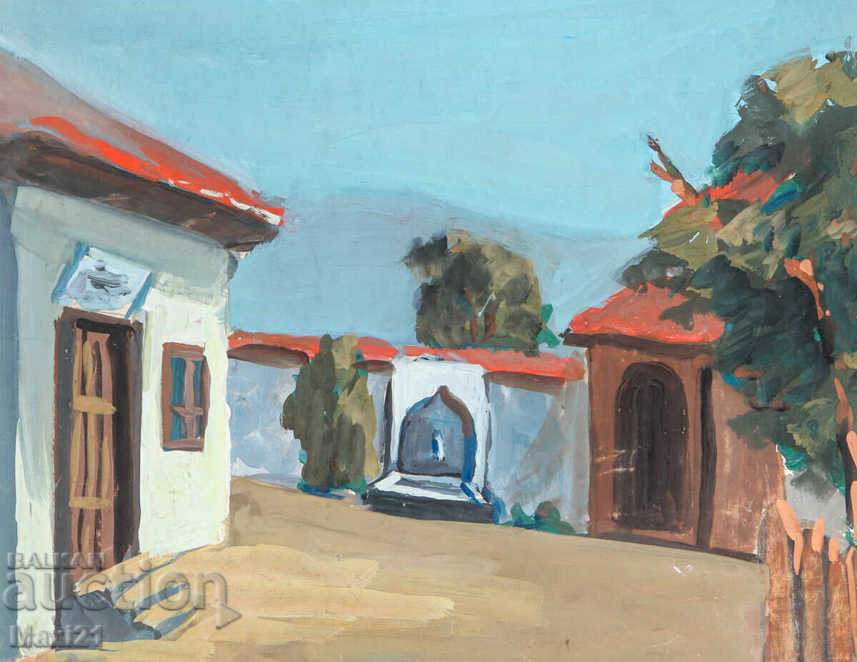 Old landscape painting gouache houses with price 200.00 BGN | € 102.26