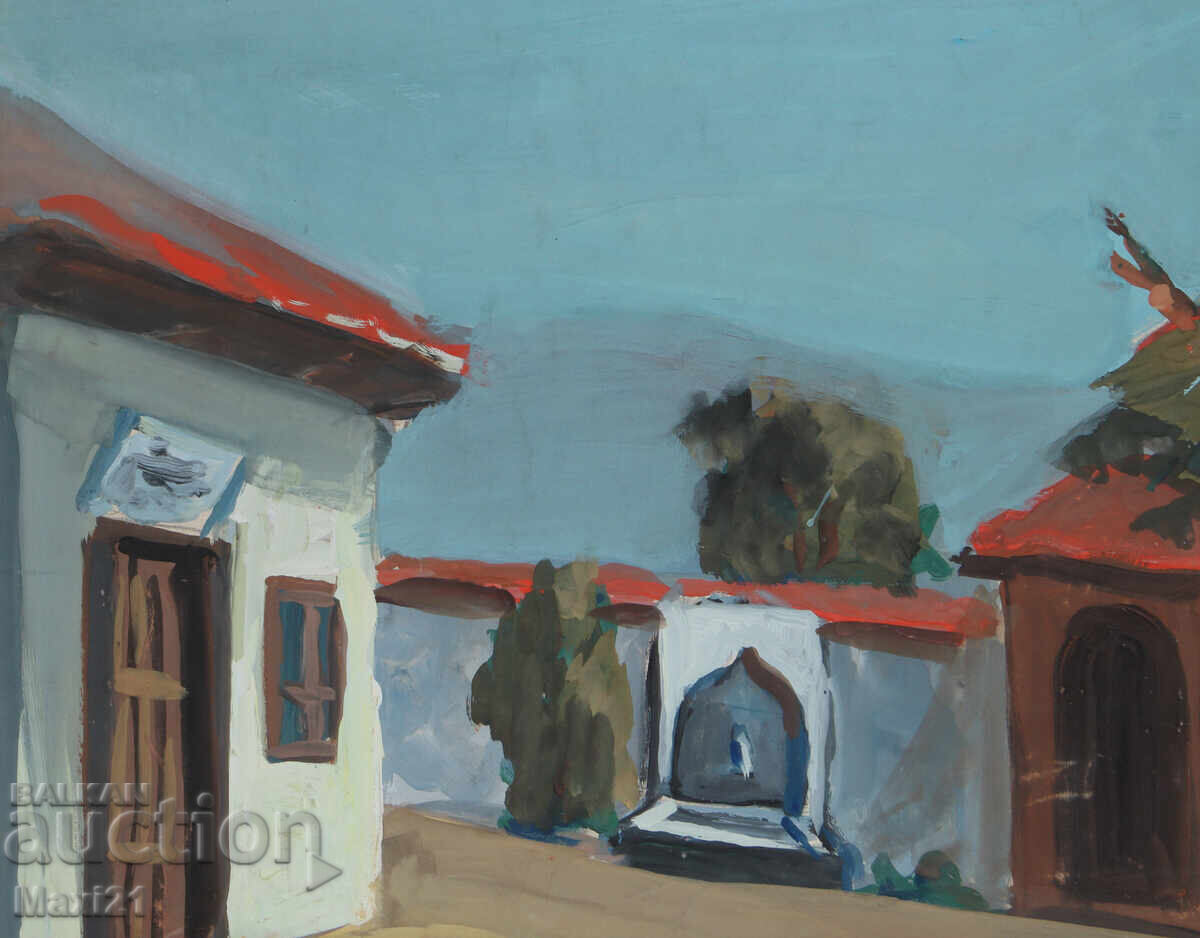 Auction  Old landscape painting gouache houses