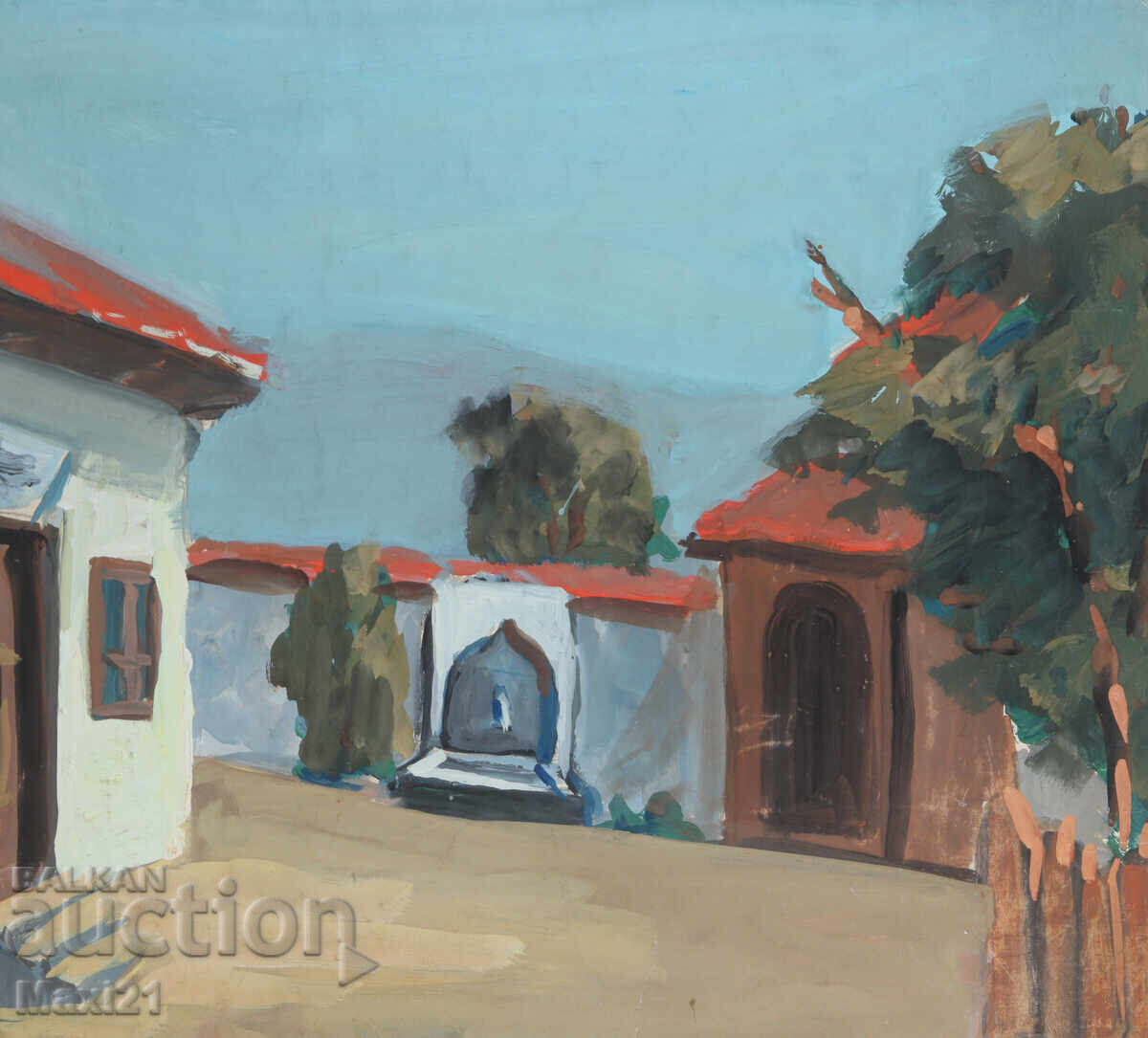 Old landscape painting gouache houses - 6