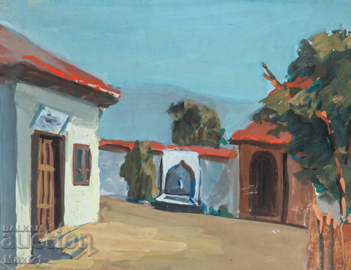 Old landscape painting gouache houses