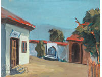 Old landscape painting gouache houses