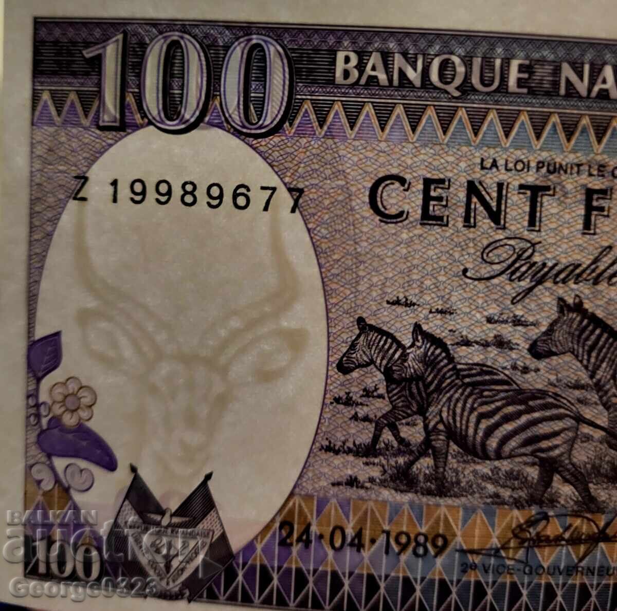 Licitație Ruanda 1989 100 Franci UNC Nouă
