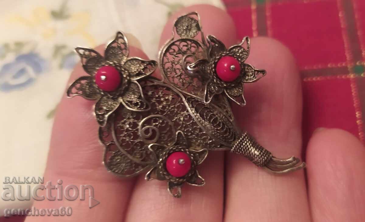 Antique filigree brooch, silver, red coral - Czechoslovakia with price 80.00 BGN | € 40.90
