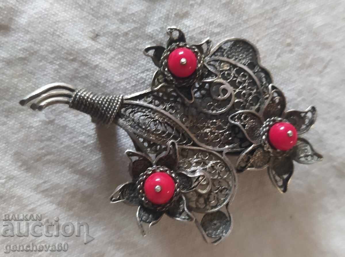 Auction Antique filigree brooch, silver, red coral - Czechoslovakia Auction Antique filigree brooch, silver, red coral - Czechoslovakia
