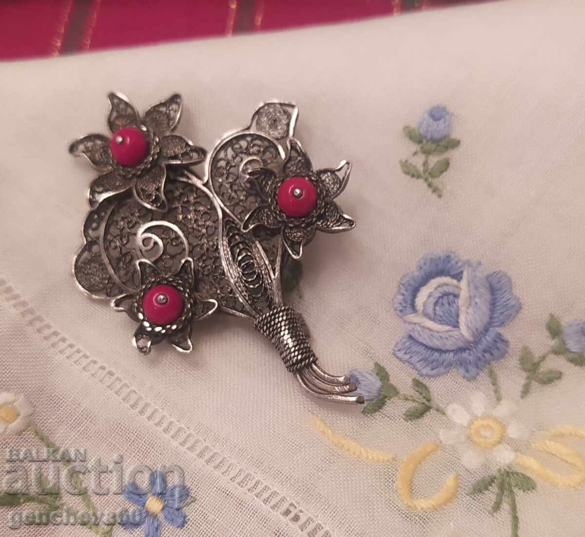 Broșă antică filigran, argint, coral roșu - Cehoslovacia - 5