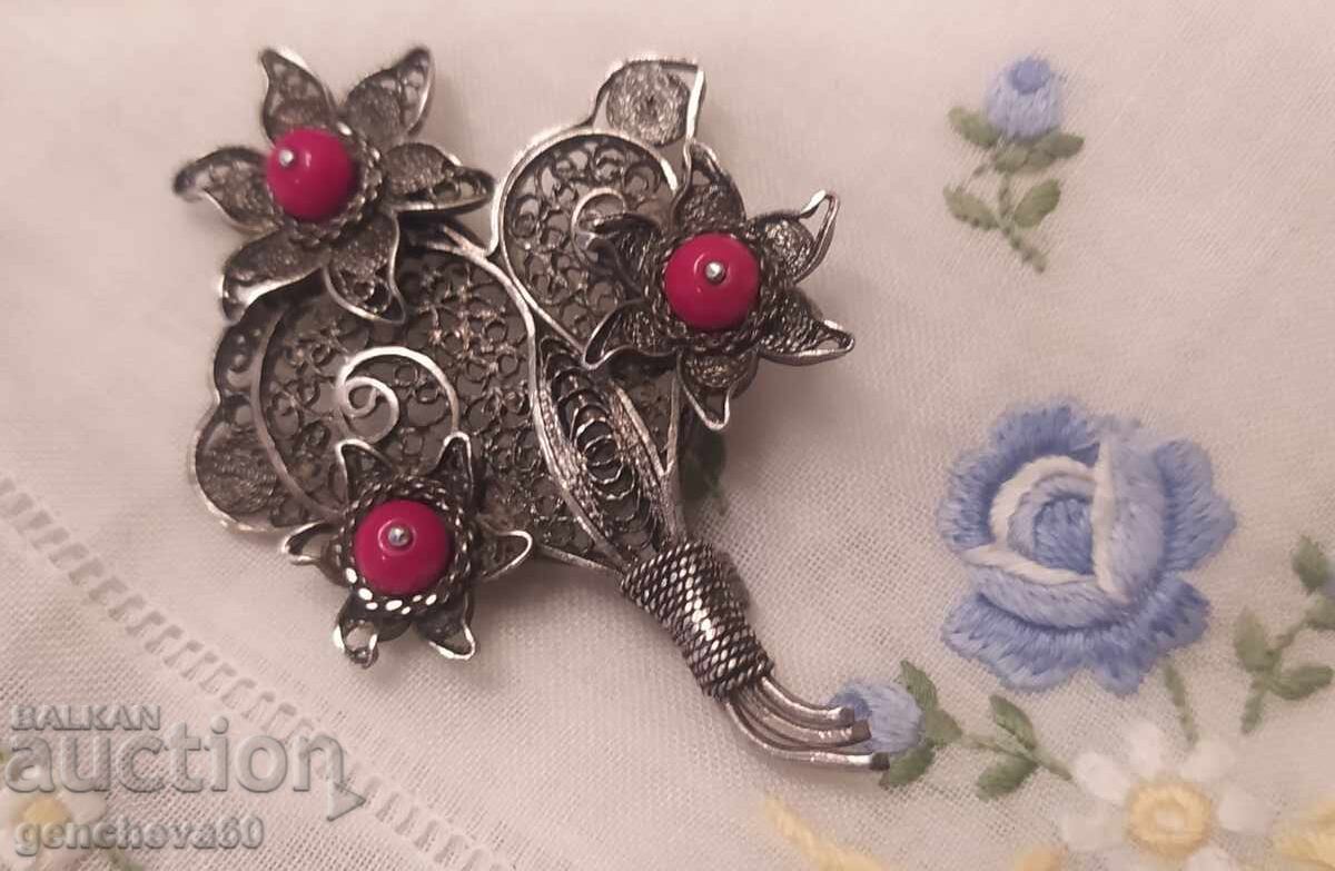 Antique filigree brooch, silver, red coral - Czechoslovakia Antique filigree brooch, silver, red coral - Czechoslovakia