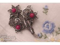 Broșă antică filigran, argint, coral roșu - Cehoslovacia