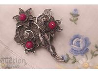 Αντίκα καρφίτσα φιλιγκράν, ασήμι με κόκκινο κοράλλι - Τσεχοσλοβακία